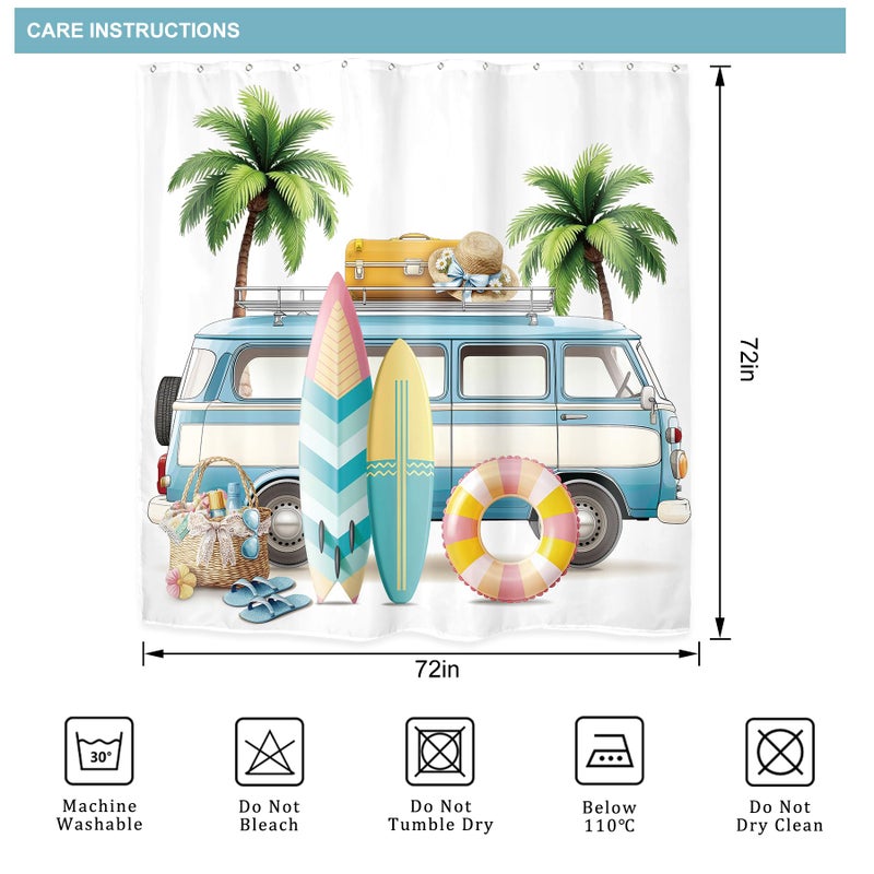 Riyidecor Beach Surf RV Fabric Shower Curtain Set for Bathroom Decor 72Wx72H Inch Coastal Theme Bath Accessories for Men Boys Tropical Palm Trees Pattern Camping Car Bathtub 12 Pack Plastic Hooks - Image 5